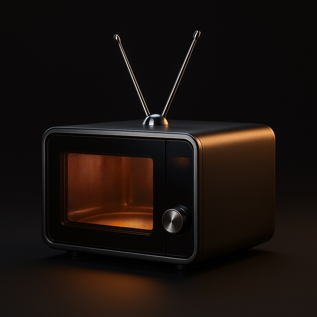 The Mikrowave appliance: a graphite microwave with an amber-lit door and two rabbit-ear antennae