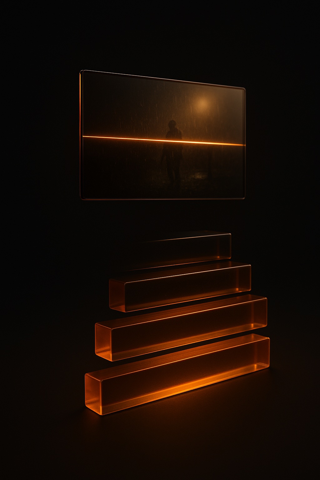 A frame of footage being scanned by a line of light, with a ladder of glowing bars derived beneath it